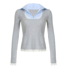 Turnover collar patchwork long sleeve lace hem knitted top