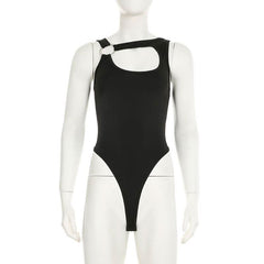 Hollow out o ring button irregular solid bodysuit