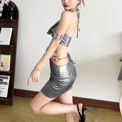 Cowl neck halter metal chain hollow out cut out mini dress