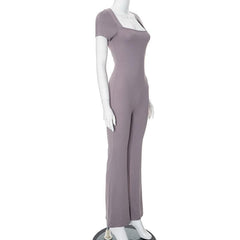 Short sleeve square neck zip-up solid jumpsuit