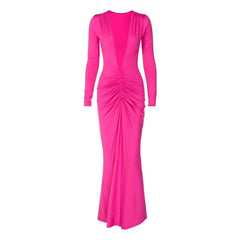 Ruched long sleeve v neck solid 2-way maxi dress-final-sale