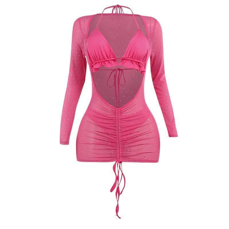 Mesh drawstring ruched long sleeve halter ruffle mini dress-final-sale