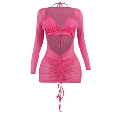 Mesh drawstring ruched long sleeve halter ruffle mini dress-final-sale