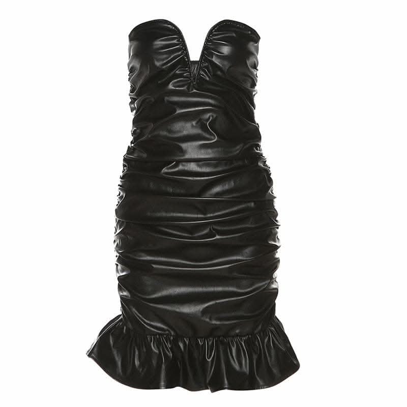Ruffle solid notch neck ruched PU backless tube mini dress-final-sale