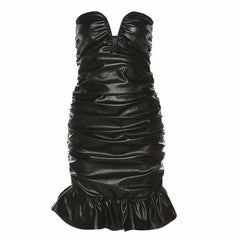 Ruffle solid notch neck ruched PU backless tube mini dress-final-sale