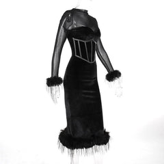 Long sleeve feather velvet mesh patchwork slit high neck midi dress-final-sale