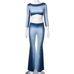 Long sleeve gradient crewneck ruffle pant set-final-sale