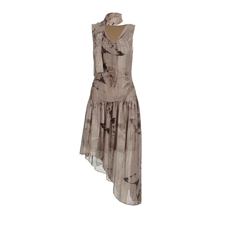 Sleeveless cowl neck print irregular ruched midi dress