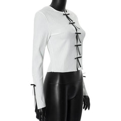 Long sleeve slit hollow out bowknot textured cut out top