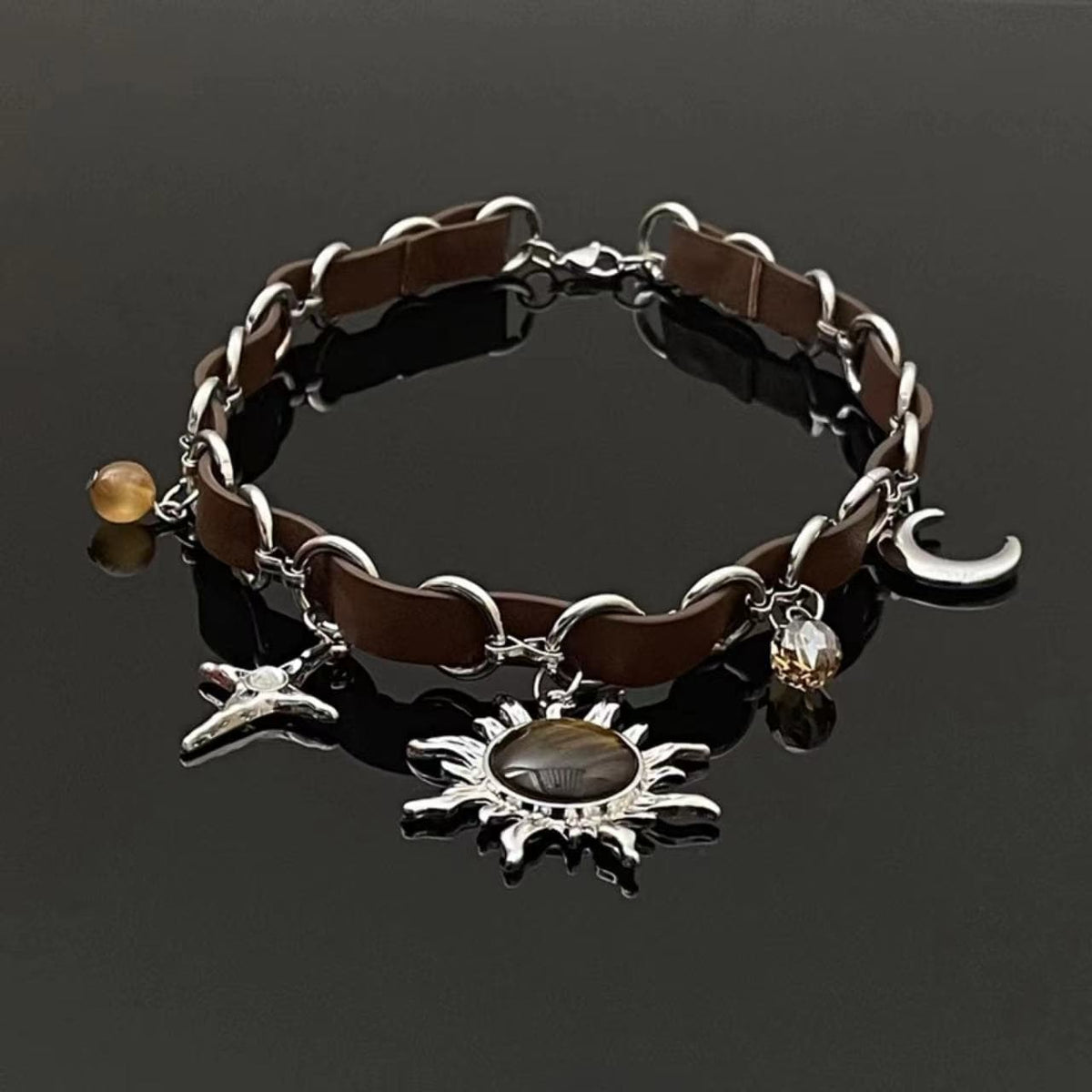 The sun moon cross o ring PU leather choker necklace