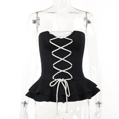 Lace up contrast ruffle corset notch neck tube crop top-final-sale