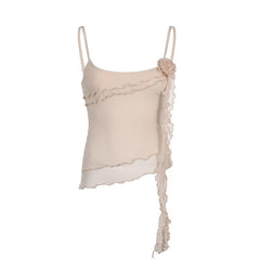 Sheer mesh flower applique ruffle u neck irregular crop top