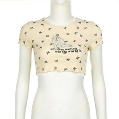 Short sleeve cat print ruffle crop top