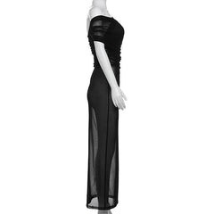 Off shoulder ruched cross front sheer mesh maxi dress-final-sale