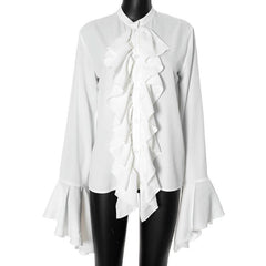 Long flared sleeve ruched ruffle button solid top-final-sale