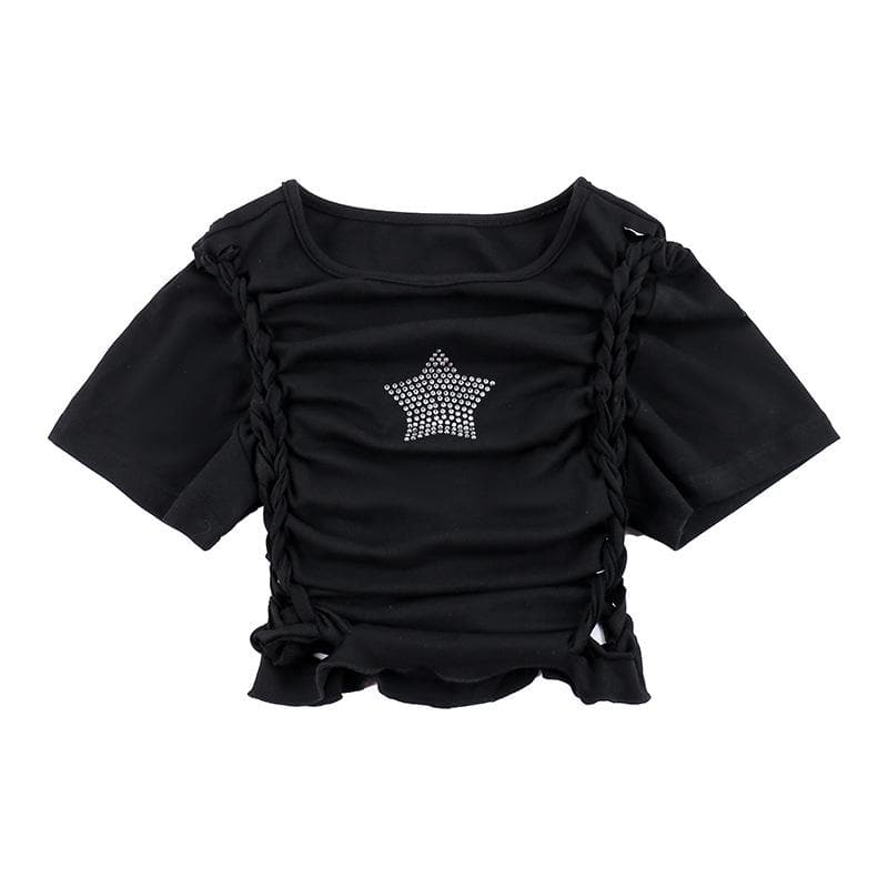 Short sleeve crewneck beaded hollow out cut out top