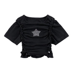 Short sleeve crewneck beaded hollow out cut out top