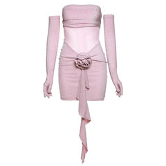 Gloves flower applique mesh patchwork ruched tube mini dress-final-sale