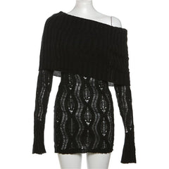 Crochet off shoulder long sleeve hollow out cut out mini dress