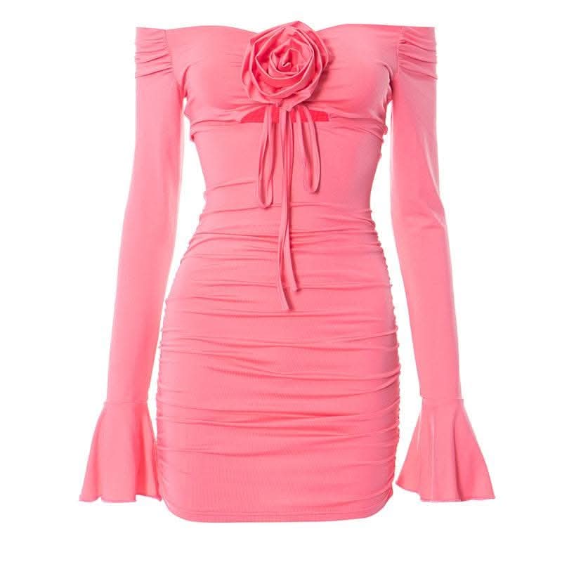Flower applique hollow out ruched long flared sleeve cut out mini dress-final-sale