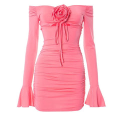 Flower applique hollow out ruched long flared sleeve cut out mini dress-final-sale