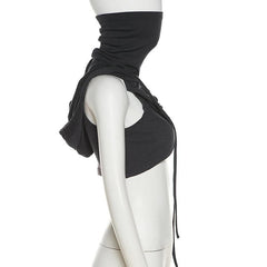 Sleeveless hoodie drawstring cross front ruched top