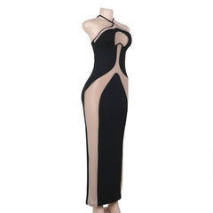 Halter self tie mesh patchwork backless maxi dress