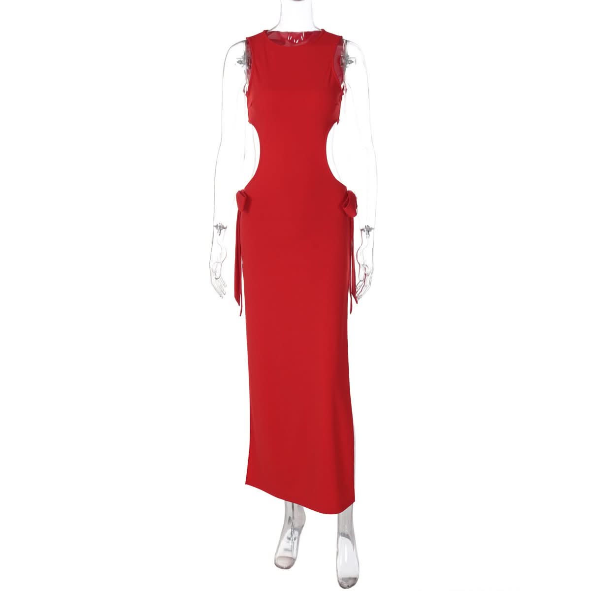 Crewneck sleeveless bowknot hollow out slit cut out maxi dress