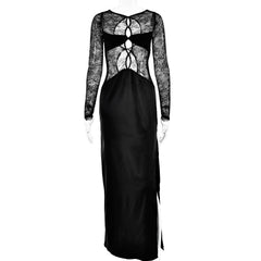 Long sleeve crewneck lace hollow out high slit cut out maxi dress-final-sale
