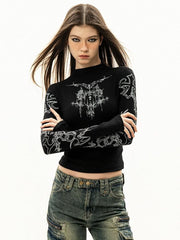 Long sleeve high neck cross print contrast top