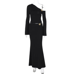 One shoulder long sleeve flower applique maxi skirt set
