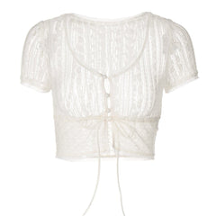 Short sleeve button lace see through crop top