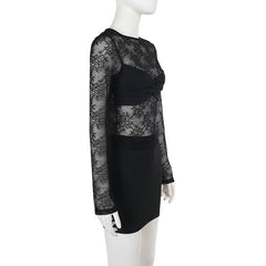 Crewneck long sleeve lace mini skirt set