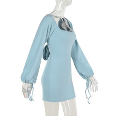 Long sleeve u neck self tie backless mini dress