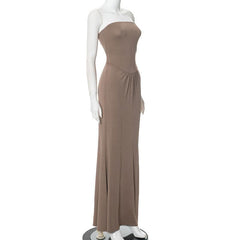 Ruched backless solid tube maxi dress