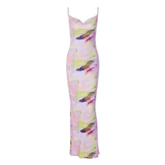 Backless cowl neck v neck contrast print cami maxi dress-final-sale