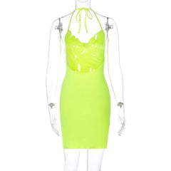 Solid cowl neck halter backless slit mini dress-final-sale