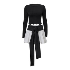 Long sleeve crewneck bowknot lace up ribbon ruched mini skirt set-final-sale