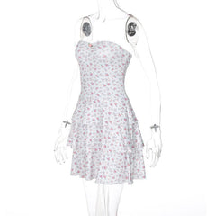 Print sweetheart neck rose applique ruched tube mini dress