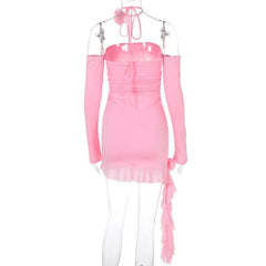 Long sleeve off shoulder flower applique ruffle ruched mini dress-final-sale