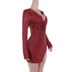 V neck long sleeve ruched slit glitter mini dress