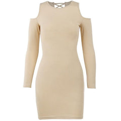 Long sleeve solid hollow out lace up self tie cut out mini dress-final-sale