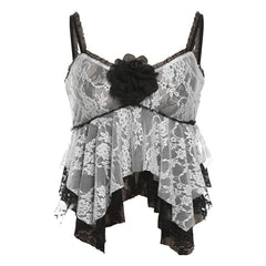 Lace patchwork flower applique ruffle cami top