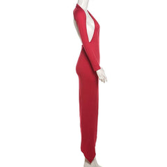 Long sleeve halter irregular one shoulder maxi dress