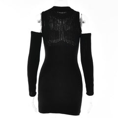 Long sleeve solid off shoulder crochet hollow out cut out mini dress - Final Sale