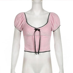 Short puff sleeve bowknot ribbon velvet top