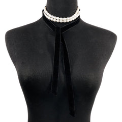 Faux pearl ribbon velvet layered choker necklace