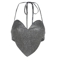 Halter backless zip-up beaded sweetheart neck crop top