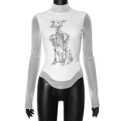 Long sleeve high neck skeleton dog print mesh top