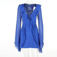 Ruffle long flared sleeve self tie chiffon solid mini dress-final-sale